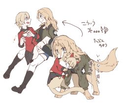 Rule 34 | 2girls, animalization, arrow (symbol), black footwear, black shirt, black skirt, blonde hair, blue eyes, blue shorts, boots, braid, brown jacket, carrying, cat, closed eyes, closed mouth, commentary, cup, darjeeling (girls und panzer), dog, emblem, girls und panzer, hasekura (hachinochun), highres, holding, holding cup, jacket, kay (girls und panzer), long hair, long sleeves, looking at another, military, military uniform, miniskirt, multiple girls, multiple views, open mouth, pleated skirt, princess carry, red jacket, saunders military uniform, shirt, short hair, short shorts, shorts, simple background, skirt, smile, spilling, st. gloriana&#039;s military uniform, standing, star (symbol), tea, teacup, thighhighs, translated, uniform, white background