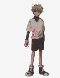 Rule 34 | 1boy, ankle boots, black footwear, black shorts, blood, blood on clothes, blood on face, boots, closed mouth, dripping, fingernails, frown, full body, grey background, grey hair, highres, hunter x hunter, killua zoldyck, layered sleeves, long sleeves, looking at viewer, male focus, mimulishizi, sharp fingernails, shirt, shoes, short hair, short over long sleeves, short sleeves, shorts, sideways glance, solo, spiked hair, standing, turtleneck, v-neck, white shirt