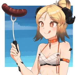 Rule 34 | + +, 1girl, :q, absurdres, arknights, arm strap, bare arms, bikini, blonde hair, border, breasts, choker, cleavage, commentary request, food, hair bun, hand up, highres, holding, horns, ifrit (arknights), ifrit (sunburn) (arknights), material growth, official alternate costume, orange choker, oripathy lesion (arknights), outside border, radioneet, red eyes, sausage, single hair bun, small breasts, smile, solo, stomach, swimsuit, tongue, tongue out, upper body, white bikini, white border