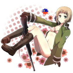 Rule 34 | 00s, 1girl, axis powers hetalia, bad id, bad pixiv id, beroperone, blonde hair, boots, bra, checkered bra, checkered clothes, gloves, green eyes, gun, hair ribbon, jacket, laces, liechtenstein (hetalia), lingerie, long sleeves, lowres, no pants, open clothes, open jacket, panties, ribbon, rifle, short hair, solo, underwear, weapon