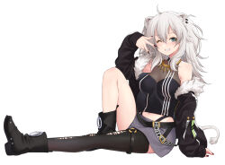 Rule 34 | 1girl, absurdres, ahoge, animal ears, black jacket, black nails, black thighhighs, breasts, cleavage, clenched teeth, fingernails, fur-trimmed jacket, fur trim, grey hair, grey skirt, highres, hololive, jacket, kazuma muramasa, lion ears, lion girl, lion tail, long hair, looking at viewer, medium breasts, nail polish, navel, one eye closed, see-through, see-through cleavage, shishiro botan, shishiro botan (1st costume), simple background, sitting, skirt, smile, solo, tail, teeth, thighhighs, virtual youtuber, white background