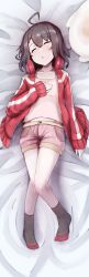 Rule 34 | 1girl, absurdres, ahoge, bad id, bad twitter id, bed sheet, black hair, black socks, blush, closed eyes, collarbone, commentary request, facing viewer, full body, hair between eyes, hand on own chest, hand up, head tilt, highres, jacket, knees together feet apart, long sleeves, lying, midriff peek, no shoes, on back, open clothes, open jacket, original, parted lips, pink shirt, pink shorts, red jacket, shirt, short shorts, shorts, sleeping, sleeves past wrists, socks, solo, tank top, track jacket, wada kazu