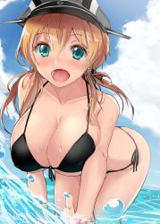 Rule 34 | 1girl, anchor hair ornament, aqua eyes, bent over, bikini, black bikini, blonde hair, blue sky, breasts, cleavage, cloud, day, gin&#039;ichi (akacia), hair ornament, halterneck, hat, highres, kantai collection, large breasts, looking at viewer, open mouth, outdoors, peaked cap, prinz eugen (kancolle), side-tie bikini bottom, sky, solo, string bikini, swimsuit, twintails, water