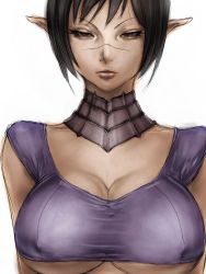 Rule 34 | 1girl, black hair, breasts, brown eyes, choker, cleavage, covered erect nipples, elf, fumio (rsqkr), large breasts, lips, pointy ears, portrait, red eyes, scar, short hair, simple background, sketch, sleeveless, solo, underboob, upper body