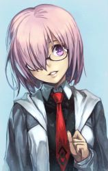 Rule 34 | 1girl, black-framed eyewear, black necktie, black shirt, blue background, collared shirt, fate/grand order, fate (series), glasses, hair over one eye, head tilt, hood, hoodie, hungry clicker, long sleeves, looking at viewer, mash kyrielight, necktie, one eye covered, open clothes, open hoodie, parted lips, pink hair, purple eyes, semi-rimless eyewear, shirt, short hair, simple background, smile, solo, under-rim eyewear, upper body, wing collar