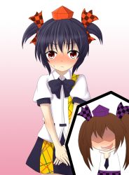 Rule 34 | 2girls, :&lt;, :d, alternate hairstyle, black hair, blush, bow, brown hair, collared shirt, drooling, embarrassed, frilled shirt collar, frills, full-face blush, hair bow, hairstyle switch, hat, himekaidou hatate, long hair, multiple girls, necktie, open mouth, puffy short sleeves, puffy sleeves, red eyes, shaded face, shameimaru aya, shirt, short hair, short sleeves, smile, teoi (good chaos), tokin hat, touhou, twintails, v arms