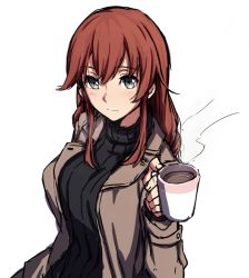 Rule 34 | 10s, 1girl, brown hair, casual, coat, cup, green eyes, kantai collection, long hair, nagioka, noshiro (kancolle), simple background, solo, turtleneck, white background