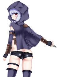 Rule 34 | 1girl, ass, blue hair, braid, butt crack, cape, eiyuu chronicle, elbow gloves, fingerless gloves, from behind, gloves, concealed weapon, highres, hood, looking at viewer, original, pink eyes, shimo (depthbomb), short shorts, shorts, solo, thigh strap, thighhighs, weapon, white background