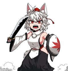Rule 34 | 1girl, angry, animal ear fluff, animal ears, armpits, ass, bare shoulders, blush, breasts, detached sleeves, formicid, hair between eyes, hat, highres, holding, holding weapon, inubashiri momiji, leaf, maple leaf, open mouth, red eyes, red hat, sharp teeth, shield, short hair, sideboob, skirt, solo, sword, tail, teeth, thighs, tokin hat, touhou, weapon, white hair, wolf ears, wolf tail