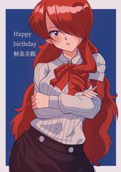 Rule 34 | 1girl, armband, black skirt, blue background, border, bow, bowtie, breasts, character name, collared shirt, commentary request, cowboy shot, crossed arms, eyelashes, grey border, grey shirt, hair over one eye, happy birthday, highres, kirijou mitsuru, long hair, long sleeves, looking at viewer, medium breasts, open mouth, parted bangs, persona, persona 3, red armband, red bow, red bowtie, red eyes, red hair, school uniform, shadow, shirt, sidelocks, simple background, skirt, solo, yuyuy 00