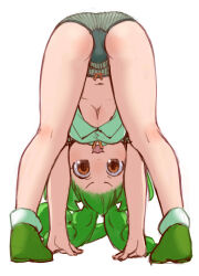 Rule 34 | 1girl, :3, absurdres, arm support, ass, breasts, brown eyes, female focus, green footwear, green hair, highres, legs apart, looking at viewer, looking through own legs, medium breasts, navel, ogihara mach, open mouth, panties, shoes, simple background, solo, tareme, underboob, underwear, upside-down, voicevox, white background, zundamon