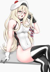 Rule 34 | 10s, 1girl, armband, bad id, bad pixiv id, bare shoulders, beret, blonde hair, competition swimsuit, cowboy shot, gloves, green eyes, hair between eyes, hat, highres, kantai collection, long hair, looking at viewer, mole, mole under eye, multicolored clothes, multicolored gloves, one-piece swimsuit, open mouth, pom pom (clothes), richelieu (kancolle), simple background, sitting, solo, striped clothes, striped thighhighs, swimsuit, thighhighs, wavy hair, white background, white one-piece swimsuit, z5987