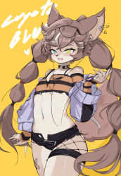 Rule 34 | absurdres, animal ears, black shorts, body fur, braid, brown fur, brown hair, cable, collarbone, de lisle (coyote blues) (girls&#039; frontline), de lisle (girls&#039; frontline), earbuds, earphones, eyewear on head, fang, flat chest, furry, furry female, girls&#039; frontline, glasses, grey hair, heart, highres, holding, holding phone, leaning back, multicolored hair, navel, off-shoulder shirt, off shoulder, official alternate costume, open clothes, open hand, open mouth, open shorts, phone, safety pin, shirt, short shorts, shorts, skin fang, smile, stomach, streaked hair, striped clothes, striped shirt, tail, thigh strap, twin braids, twintails, wolf ears, wolf tail, yellow background, yoru (yoru vida)