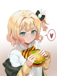 Rule 34 | 1girl, :t, absurdres, black bow, blonde hair, blush, bow, bowtie, burger, closed mouth, collared shirt, dress shirt, eating, ento (user jjce7387), food, gochuumon wa usagi desu ka?, gradient background, green eyes, hair bow, hair ornament, heart, highres, holding, holding burger, holding food, jacket, kirima syaro, long sleeves, looking at viewer, off shoulder, one side up, open clothes, open jacket, rabbit hair ornament, shirt, short hair, simple background, solo, spoken heart, striped bow, upper body, wavy hair, white background, white shirt