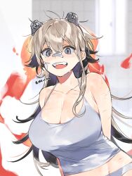 Rule 34 | 1girl, arms behind back, bandaid, bandaid on face, blue eyes, breasts, cleavage, cuts, fang, highres, ierotak, injury, large breasts, long hair, midriff, open mouth, original, solo, tank top