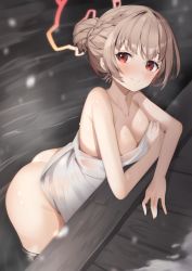 Rule 34 | 1girl, absurdres, ass, bath, bathing, blue archive, blush, braid, breasts, brown hair, cleavage, closed mouth, collarbone, covering privates, e buki, hair bun, highres, looking at viewer, medium breasts, naked towel, night, nodoka (blue archive), nodoka (hot spring) (blue archive), nude cover, onsen, partially submerged, red eyes, ripples, short hair, smile, solo, steam, towel, water, wet