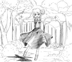 Rule 34 | 1girl, :d, ascot, forest, greyscale, hair ribbon, highres, imai kusu, imakyo, monochrome, nature, open mouth, outstretched arms, ribbon, rumia, shirt, short hair, sketch, skirt, smile, spread arms, touhou, vest, wing collar