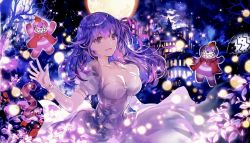 Rule 34 | 1girl, :d, bare tree, breasts, building, city, cleavage, commentary request, dress, elbow gloves, fate/stay night, fate (series), full moon, gloves, hand up, highres, jewelry, large breasts, leaf, light particles, long hair, looking at viewer, matou sakura, moon, necklace, night, official alternate costume, open mouth, plant, puffy short sleeves, puffy sleeves, purple eyes, purple hair, rioka (southern blue sky), short sleeves, smile, solo, sparkle, tree, white dress, white gloves