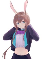 Rule 34 | 1girl, amiya (arknights), animal ears, arknights, black jacket, black skirt, blue eyes, brown hair, choker, crop top, cropped jacket, danraz0r, hands up, highres, jacket, long hair, long sleeves, looking at viewer, midriff, navel, open clothes, open jacket, purple neckwear, rabbit ears, shirt, simple background, skirt, smile, solo, stomach, upper body, white background, white shirt