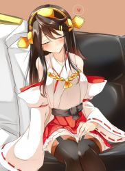 Rule 34 | 10s, 1boy, 1girl, admiral (kancolle), black hair, black thighhighs, boots, breasts, closed eyes, detached sleeves, hair ornament, hairband, hairclip, haruna (kancolle), head rest, heart, jewelry, kantai collection, large breasts, long hair, miniskirt, nontraditional miko, out of frame, panties, pantyshot, ring, sitting, skirt, smile, thigh boots, thighhighs, tsukui kachou, underwear, wedding band, white panties, zettai ryouiki