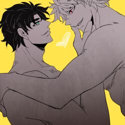 Rule 34 | 2boys, dio brando, green eyes, hand on another&#039;s face, heart, jojo no kimyou na bouken, jonathan joestar, looking at another, male focus, multiple boys, muscular, muscular male, ninoyoru, nude, phantom blood, red eyes, short hair, smile, yaoi, yellow background