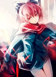 Rule 34 | 1girl, backlighting, bow, cape, chiruru96, flat chest, from side, hair bow, head tilt, long sleeves, open mouth, red eyes, red hair, sekibanki, sketch, skirt, solo, thighs, touhou