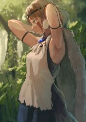 Rule 34 | 1girl, arms up, bare arms, brown eyes, commentary request, earrings, facepaint, facial mark, forest, grey hair, highres, jewelry, lc butter, mononoke hime, nature, necklace, outdoors, pelt, san (mononoke hime), short hair, smile, solo, tooth necklace, upper body