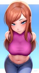Rule 34 | arms behind back, blue eyes, breasts, brown hair, denim, gradient background, highres, jeans, large breasts, long hair, looking at viewer, midriff, navel, novenine, original, pants, second-party source, shirt, sleeveless, sleeveless shirt, smile