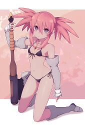 Rule 34 | 1girl, axe, bikini, black bikini, blue eyes, boots, breasts, closed mouth, commentary request, elbow gloves, expressionless, full body, gloves, hair between eyes, highres, holding, holding axe, lamb-oic029, long hair, looking at viewer, navel, pink hair, presea combatir, side-tie bikini bottom, sidelocks, solo, swimsuit, tales of (series), tales of symphonia, twintails, weapon