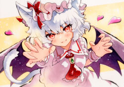 Rule 34 | 1girl, animal ears, ascot, bat wings, blue hair, bow, cat day, cat ears, cat girl, cat tail, claw pose, collared shirt, commentary request, fangs, foreshortening, frilled shirt collar, frills, hat, hat bow, heart, highres, kemonomimi mode, looking at viewer, medium hair, mob cap, open mouth, qqqrinkappp, red ascot, red eyes, remilia scarlet, shirt, short sleeves, skin fangs, skirt, solo, tail, touhou, traditional media, white hat, white shirt, white skirt, wings, wrist cuffs