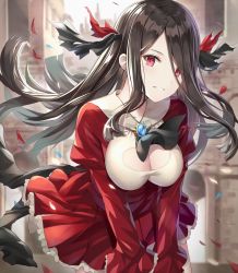 Rule 34 | 1girl, ascot, black hair, blush, breasts, brooch, building, cleavage, cleavage cutout, clothing cutout, commentary request, dress, highres, jewelry, large breasts, long hair, looking at viewer, original, parted lips, red dress, red eyes, rin yuu, sidelocks, solo, standing, wind