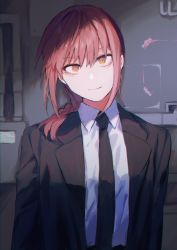 Rule 34 | 1girl, black jacket, black necktie, black pants, braid, braided ponytail, breasts, brown hair, business suit, chainsaw man, closed mouth, collared shirt, commentary request, dark background, formal, head tilt, highres, jacket, light smile, looking at viewer, makima (chainsaw man), medium breasts, medium hair, moegi0926, necktie, office lady, pants, ringed eyes, shirt, shirt tucked in, sidelocks, smile, solo, suit, white shirt, yellow eyes