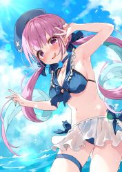 Rule 34 | 1girl, bikini, blush, breasts, cleavage, commentary request, curly hair, eyelashes, eyes visible through hair, hair between eyes, hat, highres, hololive, houshou marine (artist), large breasts, long hair, looking at viewer, minato aqua, open clothes, open mouth, pink eyes, pink hair, solo, swimsuit, tearing up, thigh strap, virtual youtuber, wet