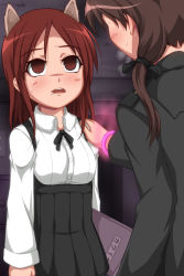 Rule 34 | 2girls, blush, bracelet, breath, brown eyes, brown hair, child, empty eyes, fate/zero, fate (series), gertrud barkhorn, glowing, hand on shoulder, jewelry, long hair, mind control, minna-dietlinde wilcke, monizumi ishikawa, multiple girls, open mouth, rolling eyes, school uniform, strike witches, sweat, twintails, world witches series