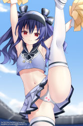 Rule 34 | 1girl, alternate costume, armpits, arms up, ass, bare shoulders, black hair, blush, breasts, censored, cheering, cheerleader, crop top, day, gabriel evangel, highres, holding, holding pom poms, leg up, long hair, looking at viewer, midriff, miniskirt, navel, neptune (series), outdoors, panties, pleated skirt, pom pom (cheerleading), pom poms, red eyes, sailor collar, shirt, skindentation, skirt, sleeveless, sleeveless shirt, small breasts, smile, solo, split, stadium, standing, standing on one leg, standing split, thighhighs, thighs, two side up, underwear, uni (neptunia), upskirt, white panties