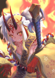 Rule 34 | 1girl, a8412042000, blonde hair, claws, fang, fate/grand order, fate (series), female focus, fire, highres, horns, ibaraki douji (fate), japanese clothes, kimono, long hair, looking at viewer, oni, oni horns, sash, short kimono, smile, solo, sword, weapon, yellow eyes, yellow kimono