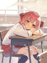 Rule 34 | 1girl, arm pillow, black socks, blush, brown eyes, chair, classroom, closed mouth, desk, dokkumaa, hair ribbon, heterochromia, highres, hololive, houshou marine, indoors, kneehighs, long hair, long sleeves, looking at viewer, looking to the side, pleated skirt, red eyes, red hair, red ribbon, red skirt, ribbon, school chair, school desk, school uniform, shirt, sitting, skirt, smile, socks, solo, twintails, virtual youtuber, white shirt