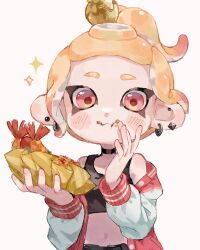 Rule 34 | 1girl, black choker, blonde hair, choker, closed mouth, commentary request, crop top, crumbs, ear piercing, earrings, eating, food, highres, jacket, jewelry, letterman jacket, midriff, myon rio, navel, nintendo, octoling, octoling girl, octoling player character, open clothes, open jacket, piercing, red eyes, shirt, short hair, shrimp, shrimp tempura, simple background, sleeveless, sleeveless shirt, solo, sparkle, splatoon (series), splatoon 2, tempura, tentacle hair, upper body, white background