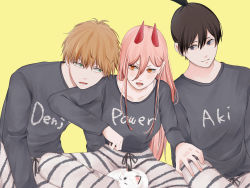 Rule 34 | 1girl, 3boys, animal, animal on lap, annoyed, black hair, black shirt, blonde hair, blue eyes, breasts, cat, chainsaw man, character name, collarbone, denji (chainsaw man), earrings, eyelashes, fang, fangs, green eyes, hair between eyes, hair tied, hair tied up, hayakawa aki, head on another&#039;s shoulder, head tilt, highres, holding, holding animal, jewelry, leaning on person, leaning to the side, light smile, long hair, long sleeves, looking at another, matching outfits, medium hair, meowy (chainsaw man), multiple boys, on lap, open mouth, orange eyes, piercing, pink hair, power (chainsaw man), ribbon, sharp teeth, shirt, short hair, shueisha, sleeves past elbows, striped legwear, teeth, tongue, toukaairab, unusual pupils, white cat, yellow background
