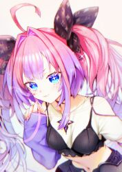 1girl :3 ahoge black_bow black_shorts bow crop_top hair_bow highres hololive hololive_dev_is kikirara_vivi long_hair looking_at_viewer noko pink_hair purple_arm_warmers purple_hair shorts smile solo twintails very_long_hair virtual_youtuber