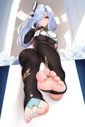 Rule 34 | 1girl, blue eyes, blue hair, blue nails, bodysuit, breasts, chinese clothes, closed mouth, feet, foot focus, full body, genshin impact, gold trim, hair ornament, hair over one eye, hand in own hair, highres, hip vent, large breasts, light blue hair, long hair, looking at viewer, nail polish, nekoda (maoda), no shoes, paid reward available, shenhe (genshin impact), sitting, smile, soles, solo, stirrup legwear, tassel, toeless legwear, toenail polish, toenails, toes, very long hair