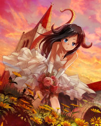 Rule 34 | 1girl, absurdres, bad id, bad pixiv id, bee (the-bee8607), black hair, blue eyes, bouquet, breasts, cleavage, dragon tail, dress, flower, highres, horns, leaning forward, long hair, original, sky, solo, sunset, tail