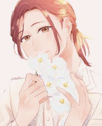 Rule 34 | 1boy, brown eyes, brown hair, flower, formal, hands up, highres, himari (h0nvn0 a), holding, holding flower, light smile, long hair, looking at viewer, male focus, ootani hitori, simple background, solo, stand my heroes, suit, upper body, white background, white flower, white suit