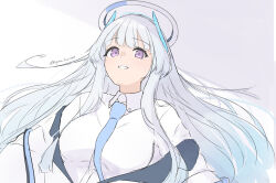 Rule 34 | 1girl, blue archive, blue necktie, blush, breasts, collared shirt, grey hair, grin, halo, highres, jacket, large breasts, long hair, looking at viewer, mechanical halo, necktie, noa (blue archive), ogura toast, open clothes, open jacket, purple eyes, shirt, simple background, smile, solo, white background, white jacket, white shirt