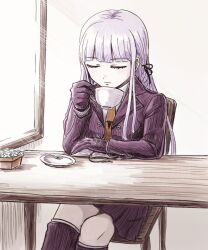 Rule 34 | 1girl, black ribbon, braid, brown necktie, closed eyes, closed mouth, cup, danganronpa: trigger happy havoc, danganronpa (series), flower, gloves, grey hair, hair ribbon, highres, holding, holding cup, jacket, kirigiri kyoko, long hair, long sleeves, miniskirt, necktie, open clothes, open jacket, plate, pleated skirt, purple gloves, purple jacket, ribbon, simple background, skirt, solo, spoon, table, white background, xixi shi-goto