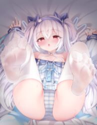 Rule 34 | 1girl, absurdres, azur lane, bare shoulders, blue panties, blurry, blurry background, breasts, commentary request, criss-cross halter, crossed bangs, depth of field, feet, foot focus, gmkj, hair between eyes, halterneck, highres, laffey (azur lane), laffey ii (azur lane), legs up, long hair, long sleeves, looking at viewer, lying, no shoes, on back, open mouth, panties, partial commentary, red eyes, small breasts, soles, solo, striped clothes, striped panties, thighhighs, toes, twintails, underwear, variant set, very long hair, white hair, white thighhighs