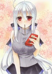 Rule 34 | 1girl, ahoge, black skirt, blush, bow, breasts, cowboy shot, floating hair, food, fujiwara minaho, grey vest, hair between eyes, hair bow, holding, large breasts, long hair, looking at viewer, marker (medium), miniskirt, mouth hold, pleated skirt, pocky, ponytail, red eyes, ribbed sweater, silver hair, skirt, solo, standing, striped, striped bow, sweater, traditional media, utau, very long hair, vest, vocaloid, watermark, yowane haku