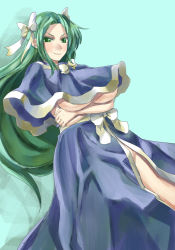 Rule 34 | 1girl, breast hold, breasts, capelet, crossed arms, female focus, green background, green eyes, green hair, groin, hair intakes, hair ribbon, large breasts, long hair, looking at viewer, matching hair/eyes, mima (touhou), no headwear, no shirt, ribbon, skirt, smirk, solo, touhou, touhou (pc-98), underboob, v-shaped eyebrows, yohane