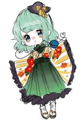 Rule 34 | 1girl, adapted costume, alternate costume, aqua hair, black hat, blue eyes, blush, bow, brown footwear, chibi, collar, commentary request, detached collar, eyelashes, floral print, flower, frilled hakama, frilled skirt, frilled sleeves, frills, green collar, green hakama, green skirt, hakama, hakama skirt, hat, hat bow, heart, heart of string, high-waist skirt, japanese clothes, kimono, komeiji koishi, lace-trimmed collar, lace trim, long skirt, long sleeves, looking at viewer, medium hair, mini hat, nose blush, open mouth, outstretched arms, red flower, sandals, simple background, skirt, sleeves past fingers, sleeves past wrists, smile, socks, solo, striped bow, striped clothes, striped kimono, striped sleeves, suzune hapinesu, tabi, third eye, touhou, two-tone kimono, two-tone sleeves, white background, white kimono, white sleeves, white socks, wide sleeves, yellow bow, yellow kimono, yellow sleeves, zouri