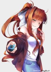 Rule 34 | 1girl, blush, breasts, brown hair, camisole, casual, commentary, controller, denim, doki doki literature club, english commentary, game controller, gamepad, green eyes, grin, hair intakes, hair ribbon, half-closed eyes, jeans, joy-con, long hair, looking at viewer, monika (doki doki literature club), nintendo switch, off-shoulder jacket, off shoulder, outstretched hand, pants, ponytail, ribbon, sidelocks, small breasts, smile, solo, spaghetti strap, takuyarawr, white background, white ribbon